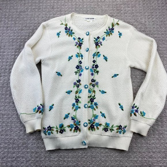 Coastal Grandma Alfred Dunner Sweater Women Fits L-XL White Floral Embroidered - Picture 1 of 15